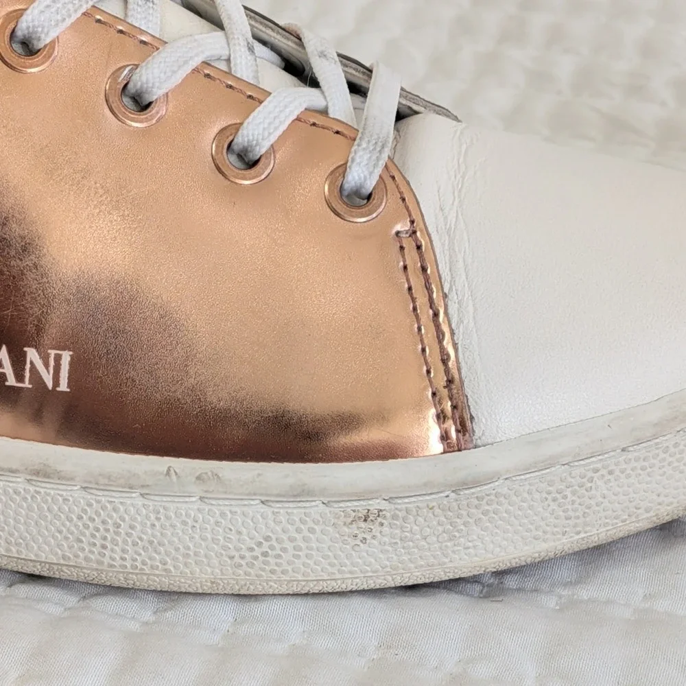 Emporio Armani Logo Print Lace Up Leather Casual Sneakers‎ Rose Gold White US 6